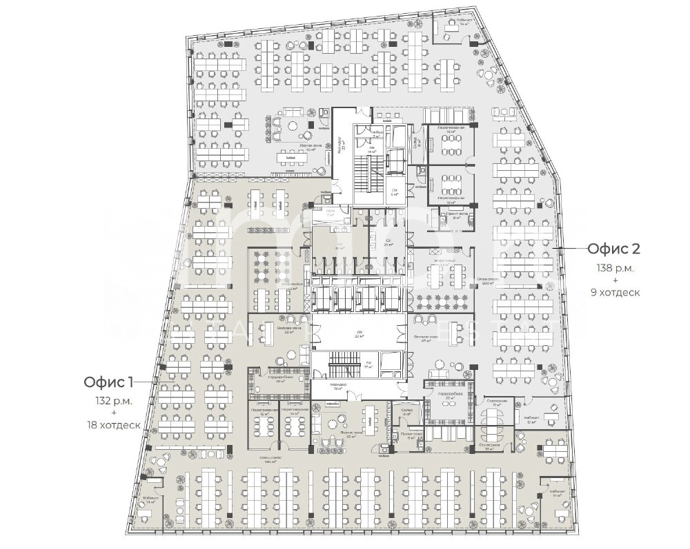 Планировка офиса 1000-2084 м², 3 этаж, Бизнес-центр «iCUBE»